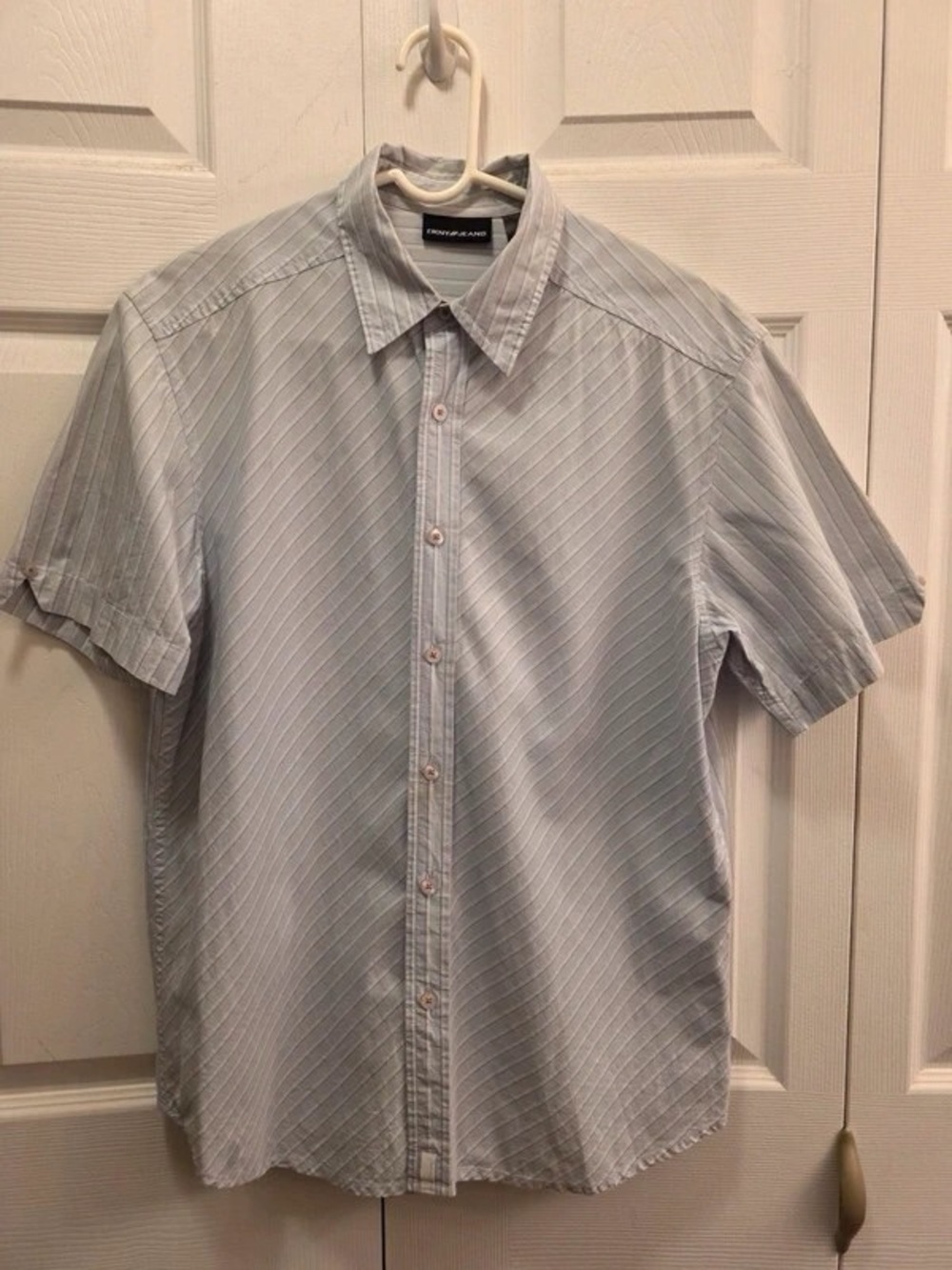 Short-Sleeve Light Blue Diagonal-Stripe Button-Down Shirt